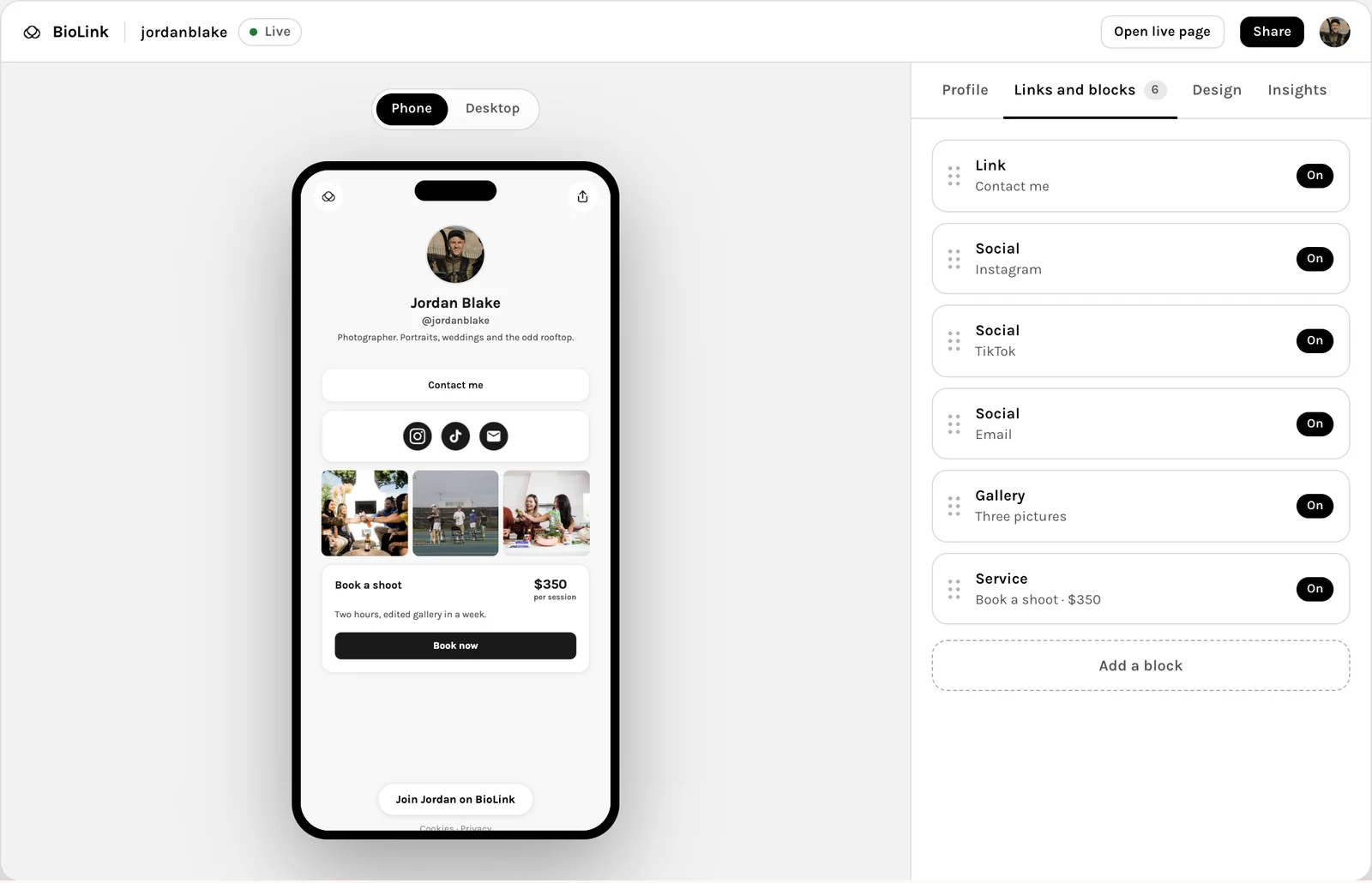 The BioLink editor with Jordan Blake’s page