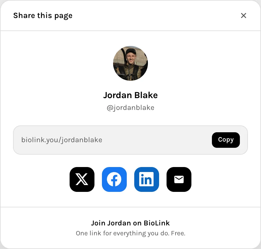 BioLink share sheet for Jordan Blake