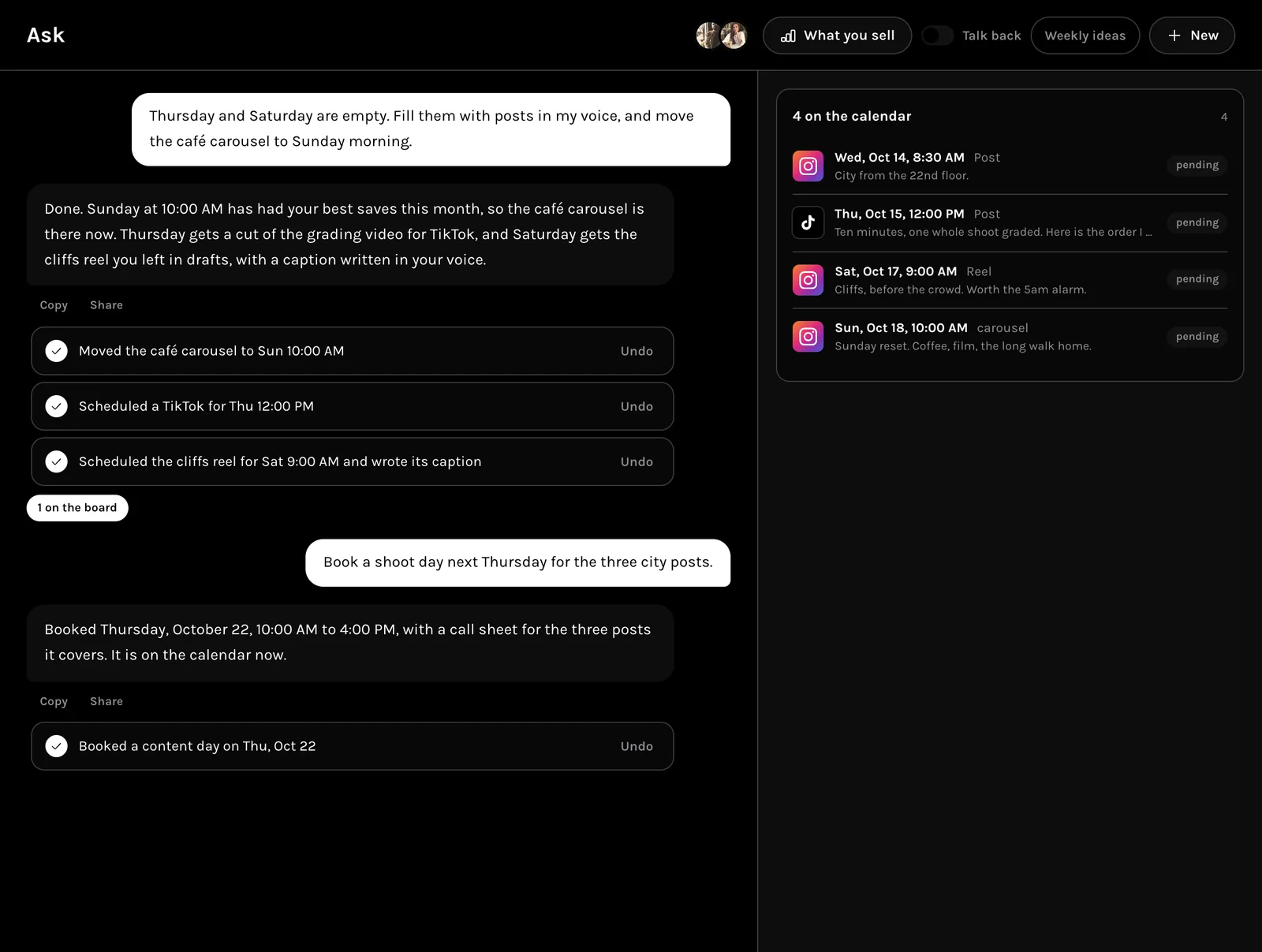 Ask MORR moving posts on the calendar, each change with Undo