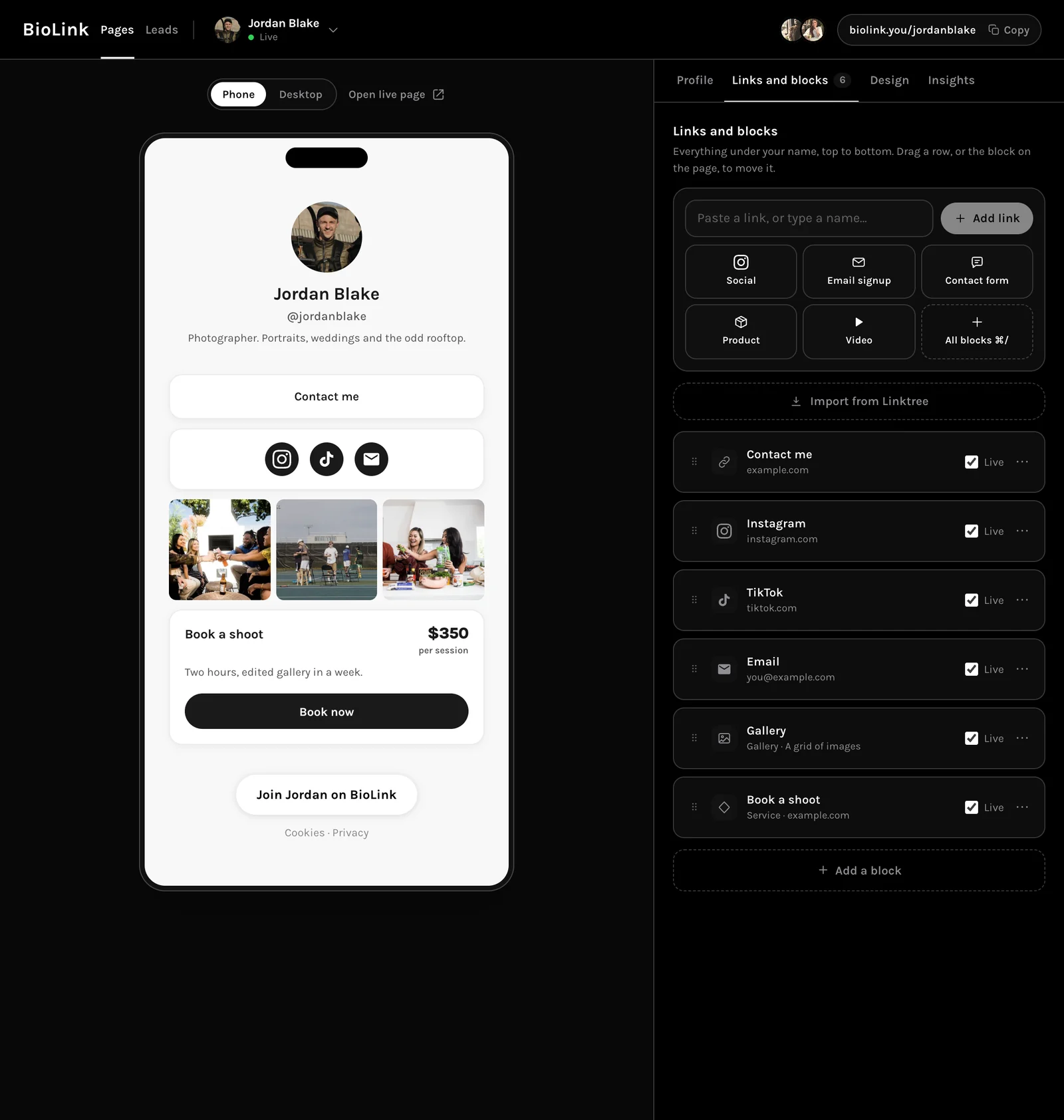 The BioLink editor with the live page and its blocks