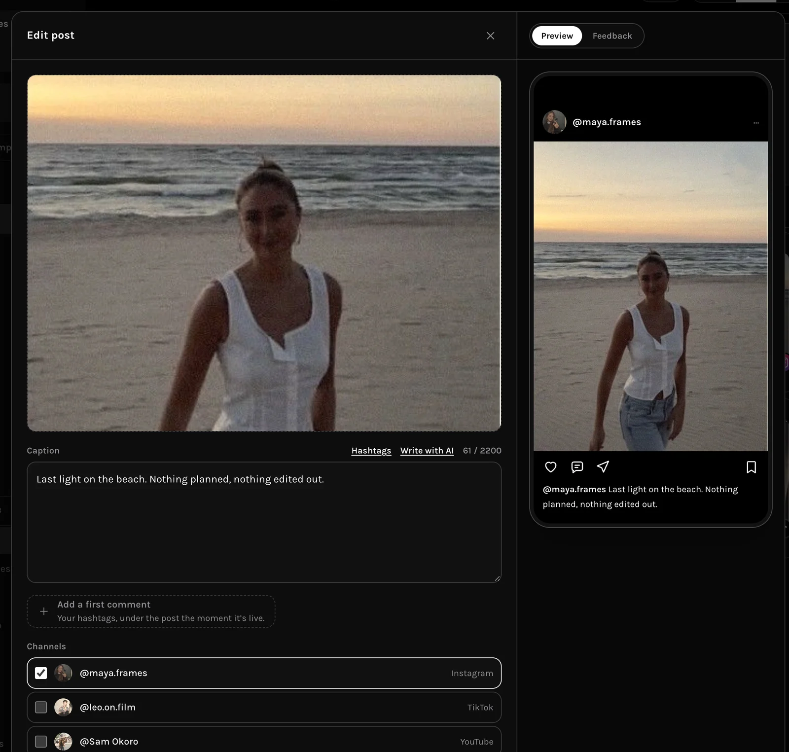 MORR composer editing a post, with the Instagram preview beside it