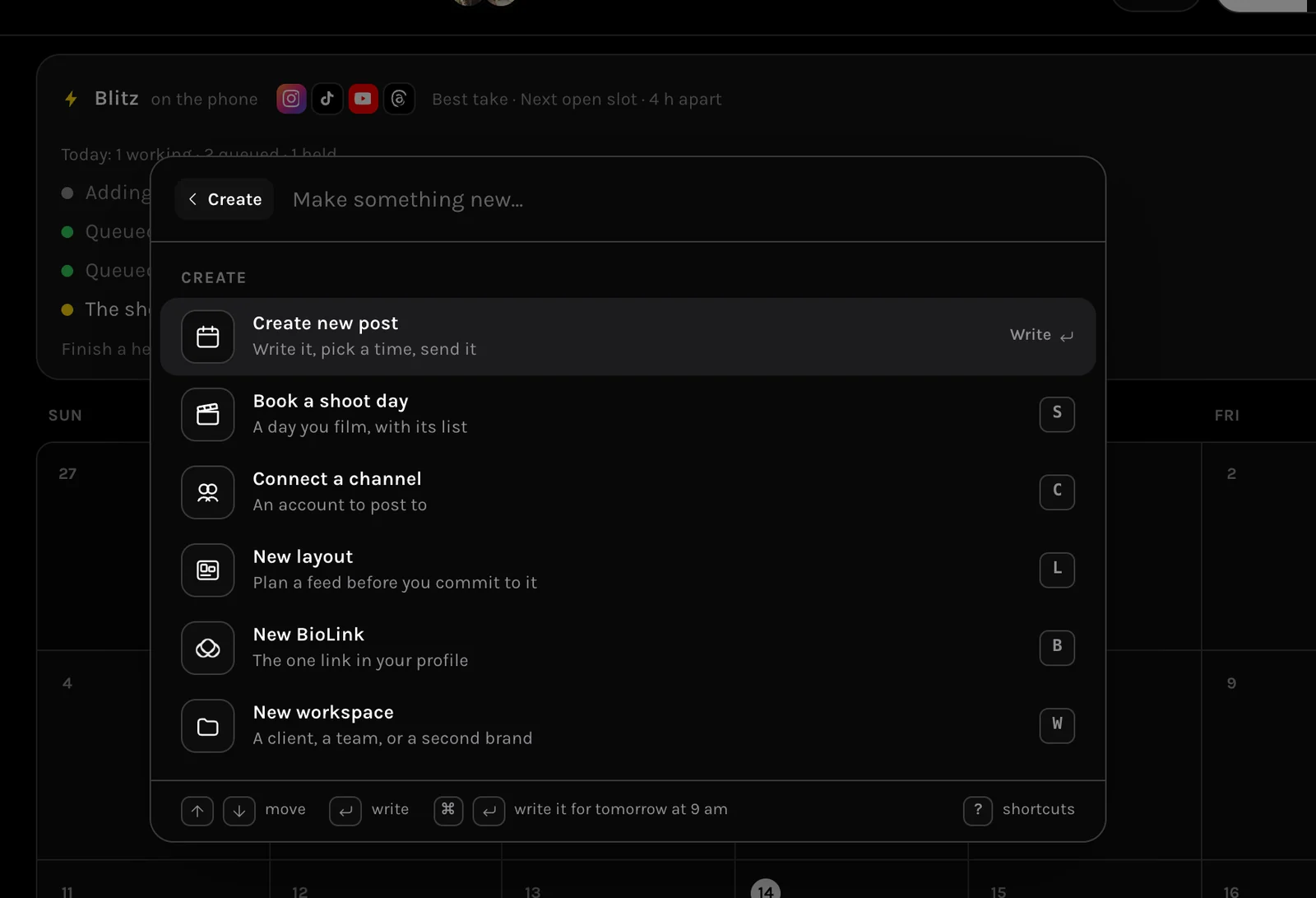MORR’s Create menu: new post, shoot day, channel, layout, BioLink, workspace
