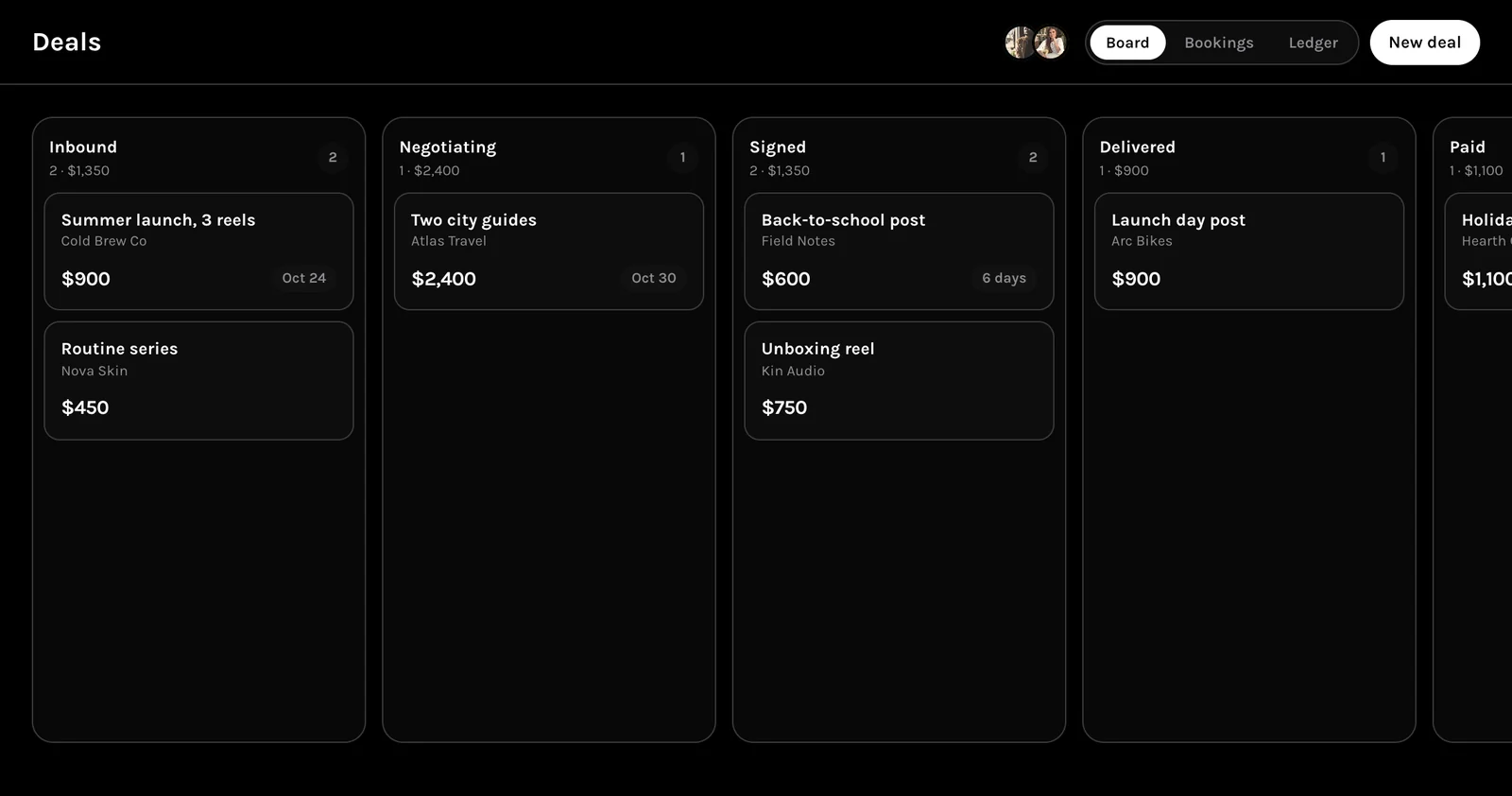 MORR Deals board, from Inbound to Paid