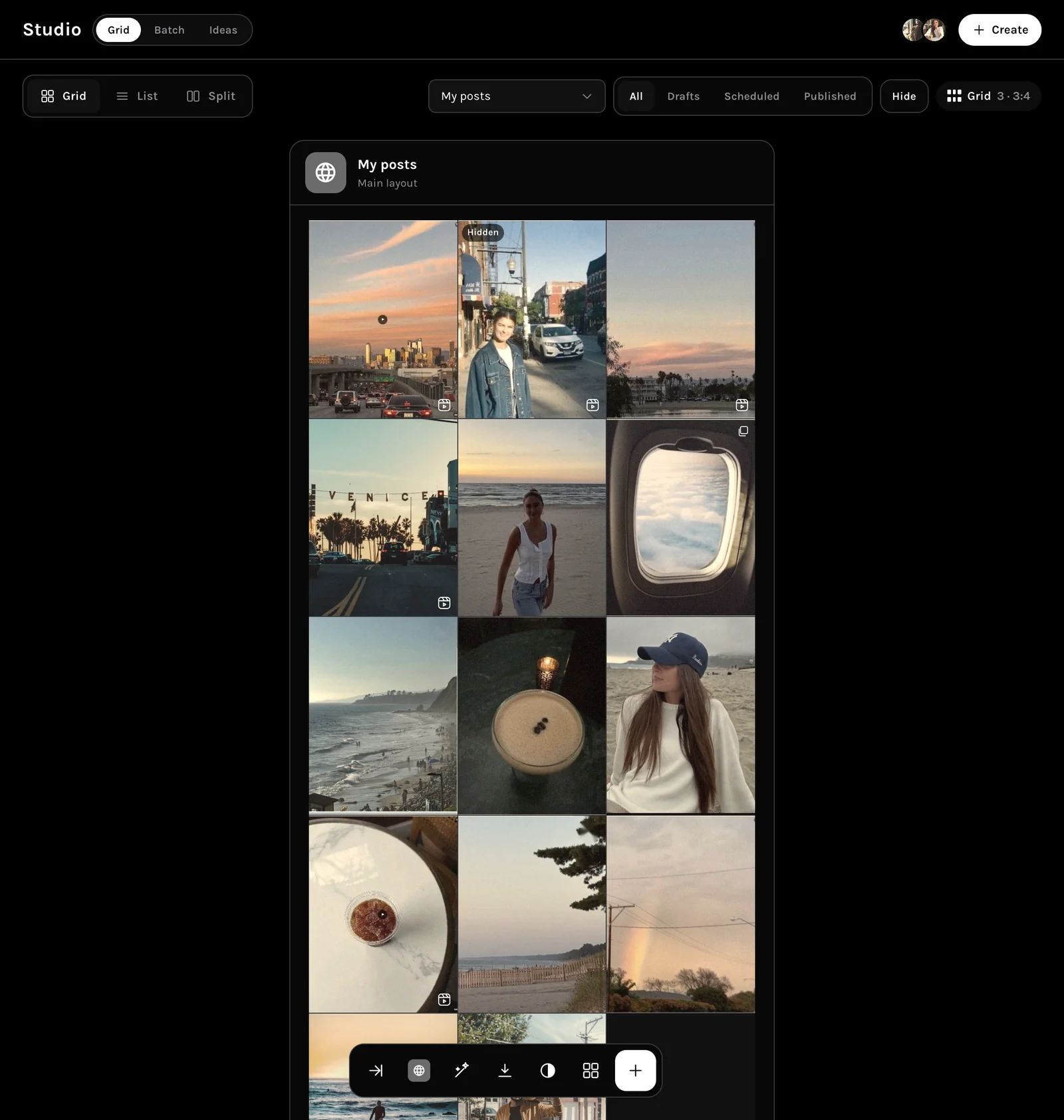 MORR Studio grid with scheduled and hidden posts